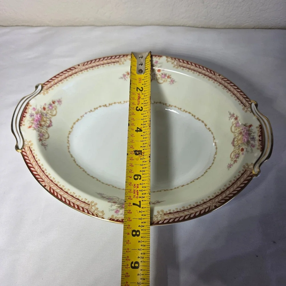Noritake Japan Oval Serving Bowl Cream Floral Gold Trim Burgundy Rim Vintage